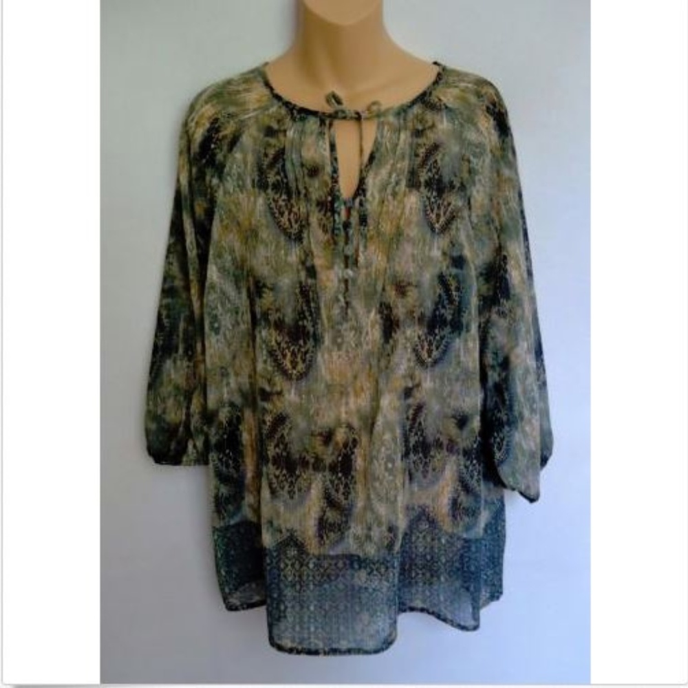 Liz Claiborne Blouse Tunic Top Semi Sheer Green